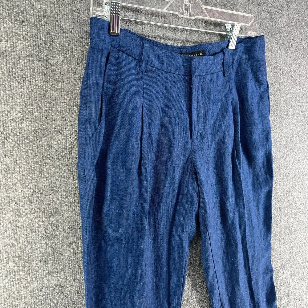 Zara Pants‎ Womens 4 Blue Linen Blend Tapered Cropped Trousers Cuffed Comfort